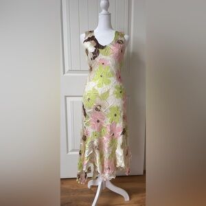 Komarov Floral Crinkle Chiffon Dress Sleeveless V-Neck Handkerchief Hem Size M